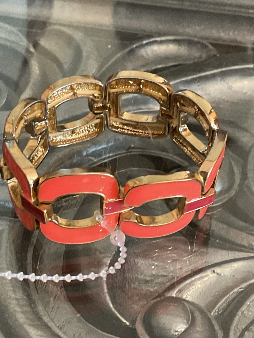 Gold Tone Coral Enamel Link Stretch Bracelet Women Jewelry